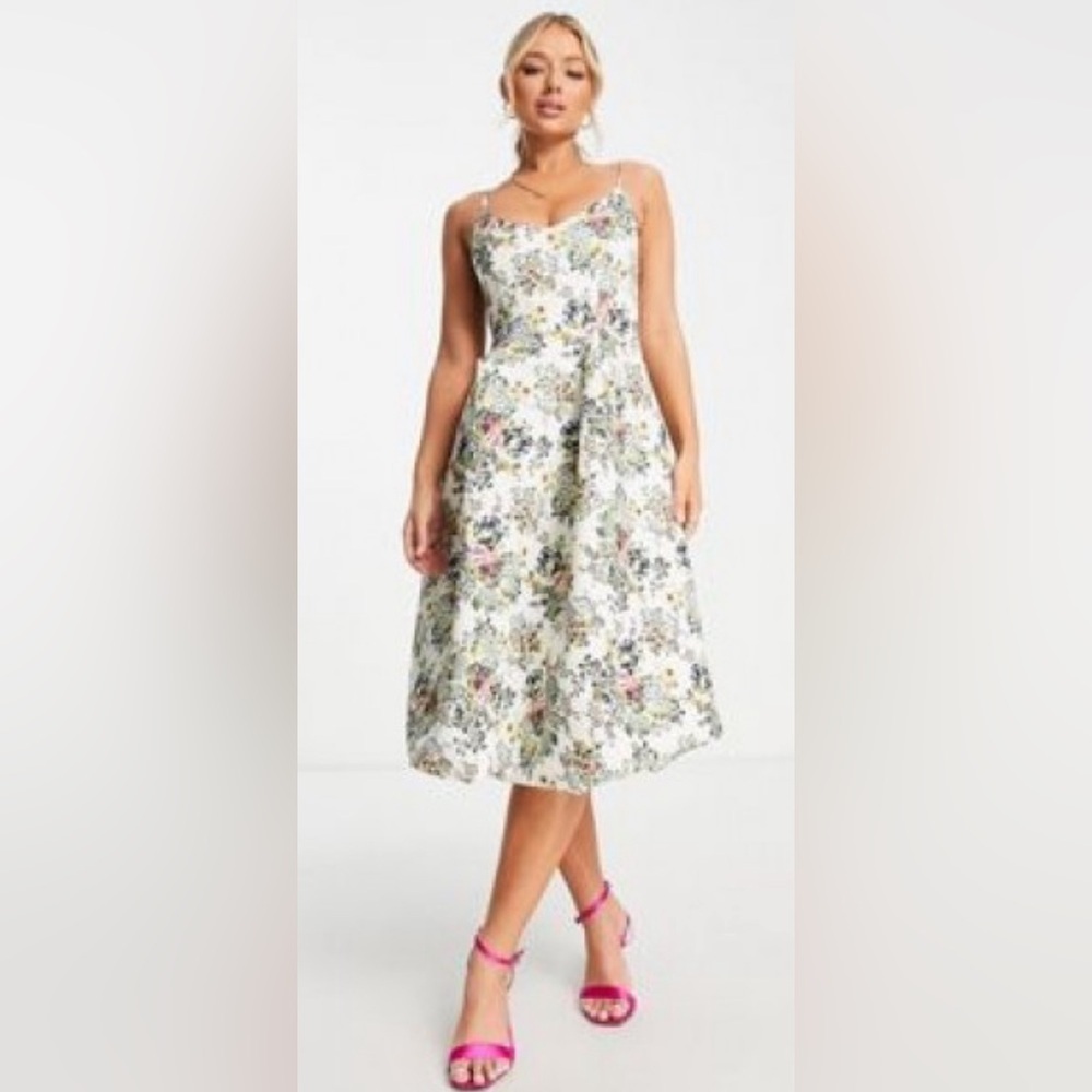 ASOS Design Size 8 White Floral Bubble Hem Midi Formal Prom Bridal Dress